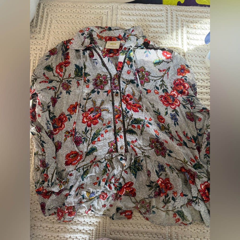Anthropologie Cream Floral Button-Up Top with Multicolor Bouquet